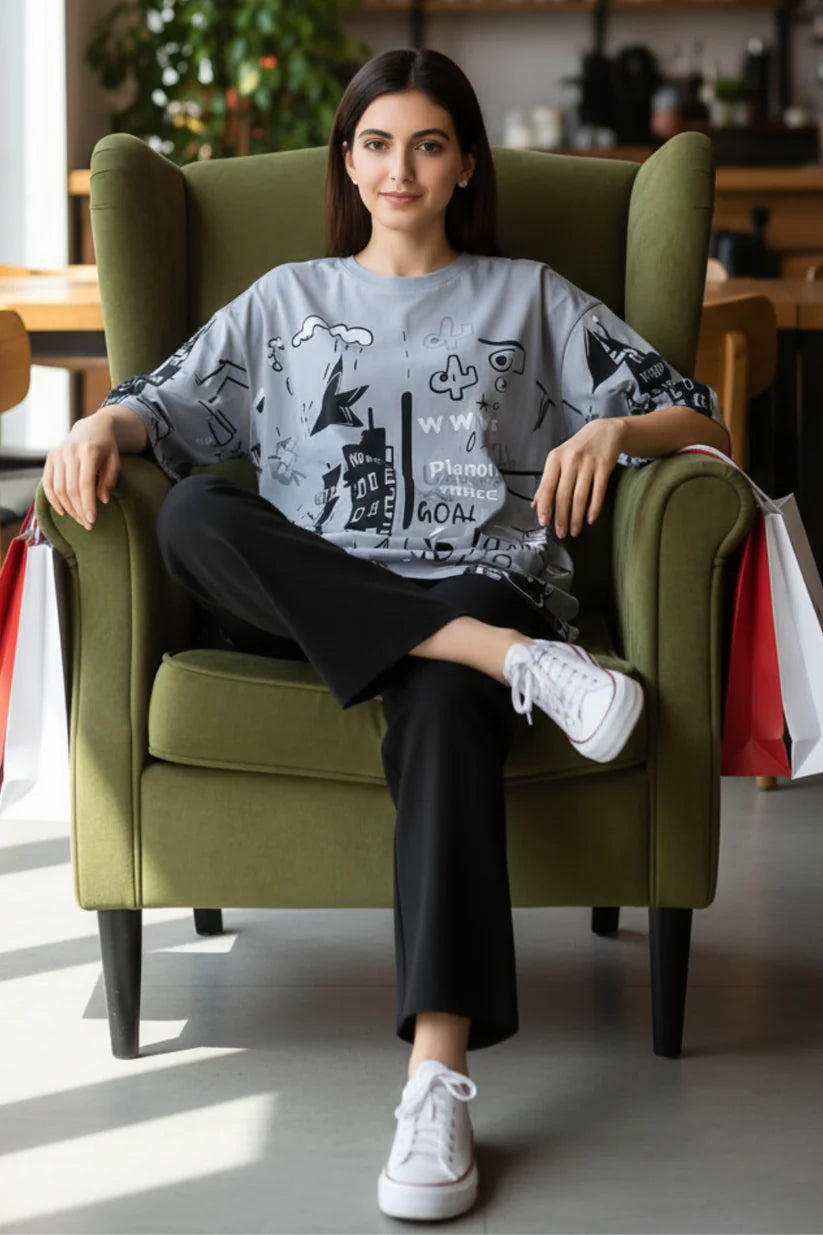 Grey Planet Music With Black Pajama Printed Night Suit