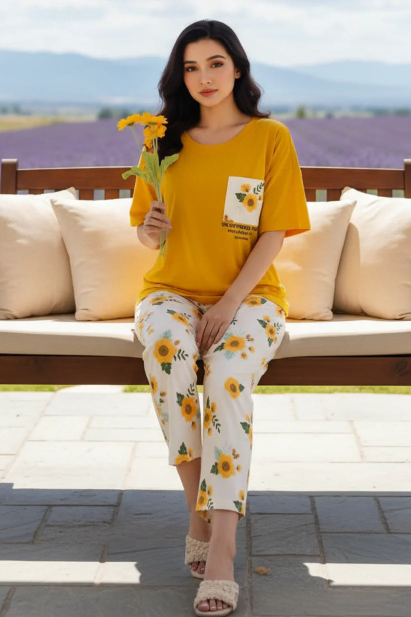 Yellow Poket Sun Flower PJs SET
