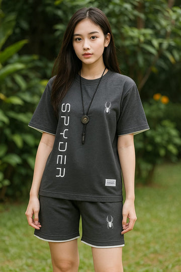 Women Waffle Fabric T-Shirt & Shorts Set SPYDER Logo Printed | Breathable Casual Sportswear for Summer | Solid Color Athletic Wear | Trendy Activewear & Fashionable Gym-to-Street Clothing