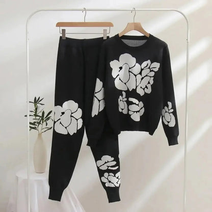 Black Floral Knit Winter Track Suit