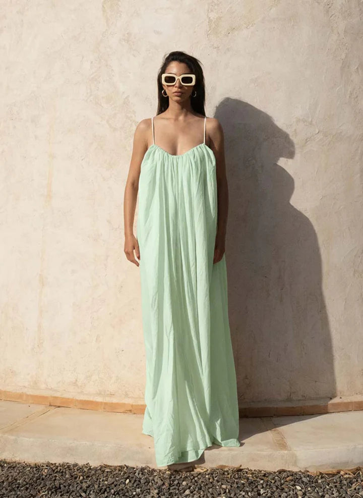 Gathered Maxi Dress With Spaghetti Straps Green