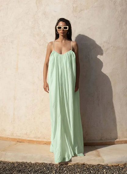 Gathered Maxi Dress With Spaghetti Straps Green