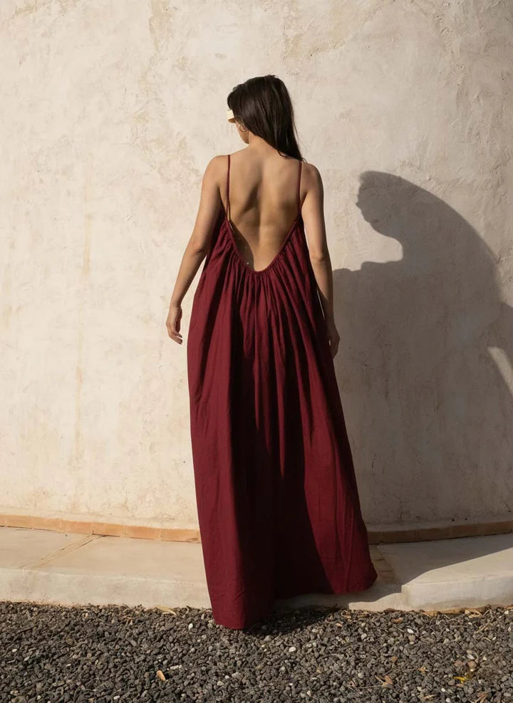 Gathered Maxi Dress With Spaghetti Straps Maroon