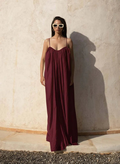 Gathered Maxi Dress With Spaghetti Straps Maroon