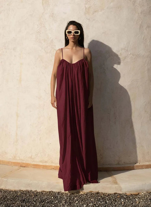 Gathered Maxi Dress With Spaghetti Straps Maroon