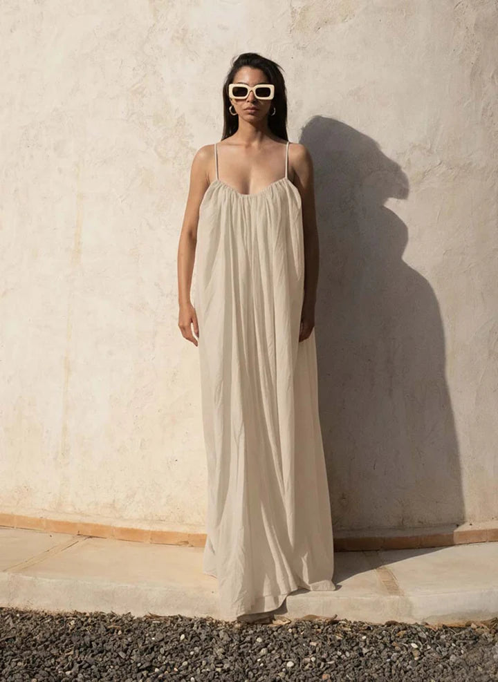 Gathered Maxi Dress With Spaghetti Straps Camel