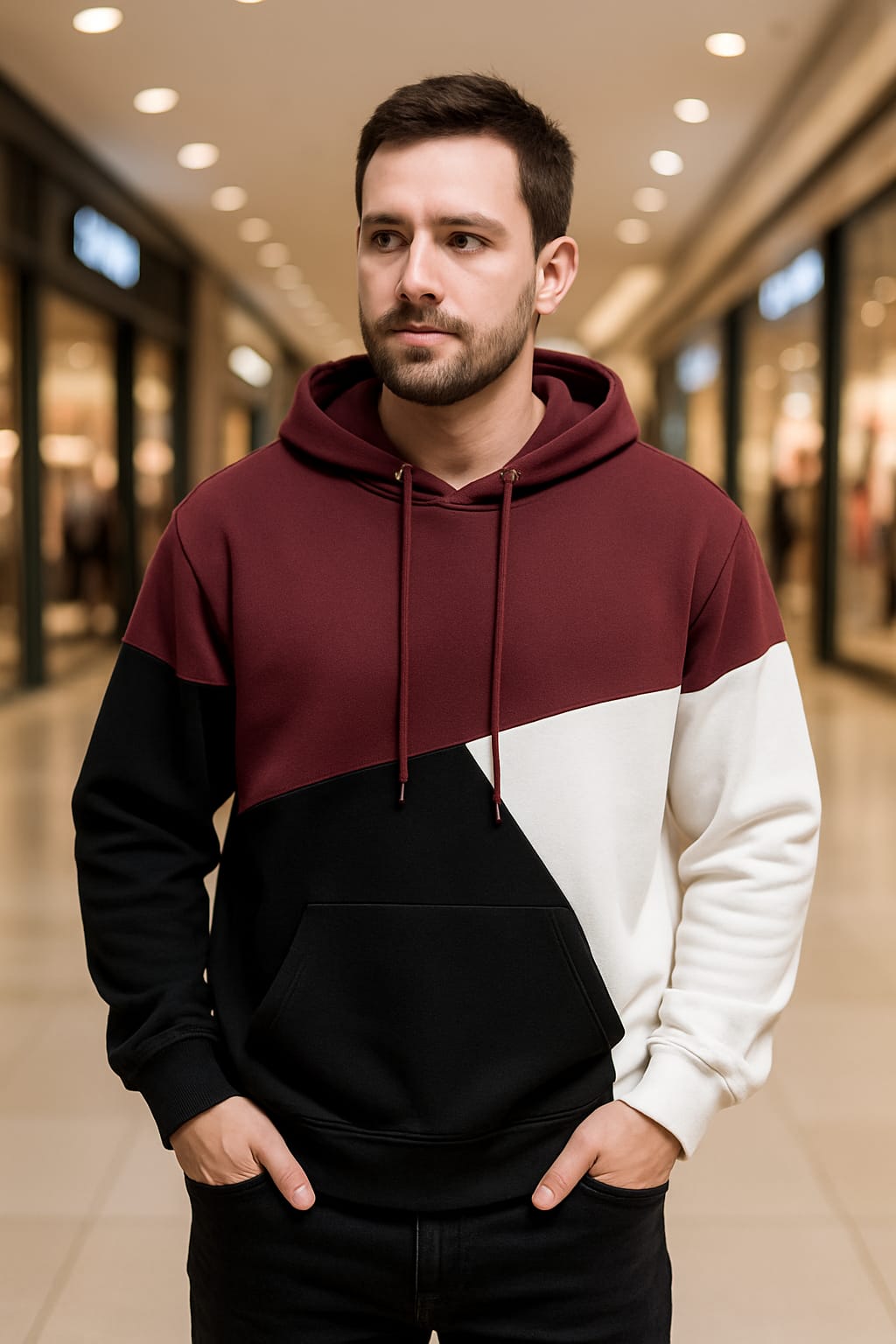 Men's Maroon Black and White Cut and Sew Kangaroo Hoodie