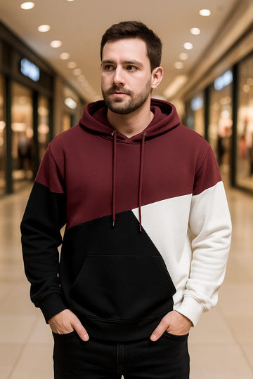 Men's Maroon Black and White Cut and Sew Kangaroo Hoodie