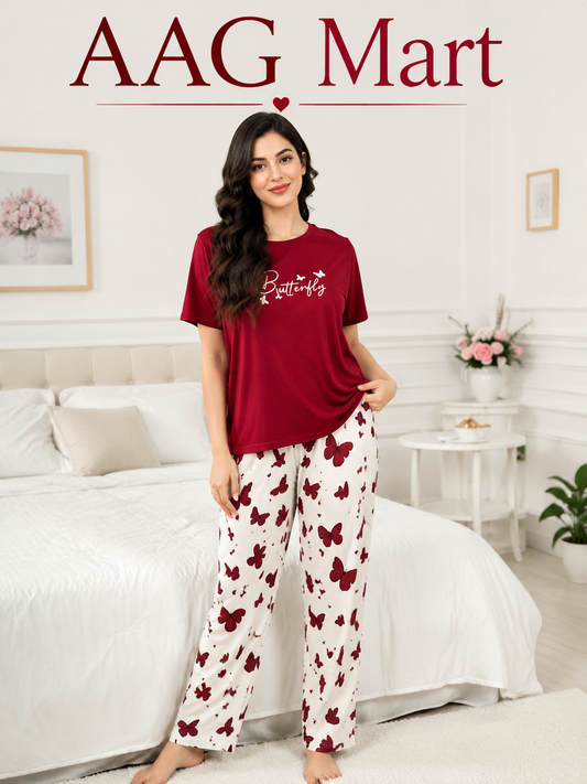 Red Butterfly Printed Night Suit