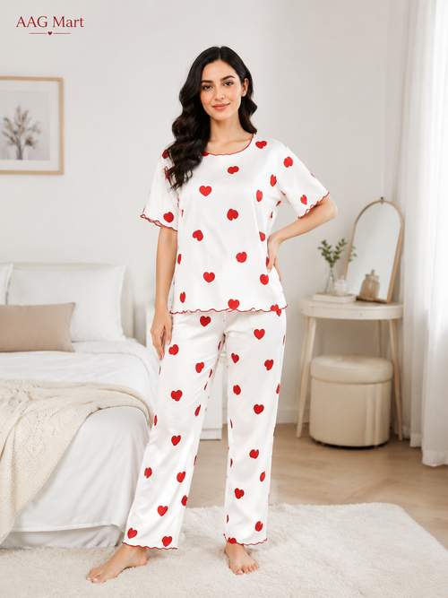 White Red Heart Print Women Nightwear Set
