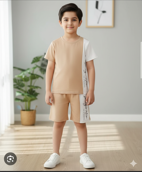 Kids Print T-Shirt & Shorts Set Brown White Penal