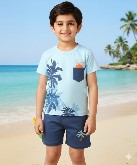 Kids Summer Print T-Shirt & Shorts  Sun Print Piocket