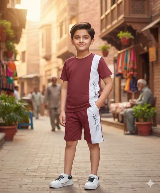 Kids Print T-Shirt & Shorts Set Maroon White Penal