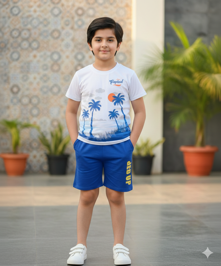 Kids Summer Print T-Shirt & Shorts Set Blue Tree CoCO