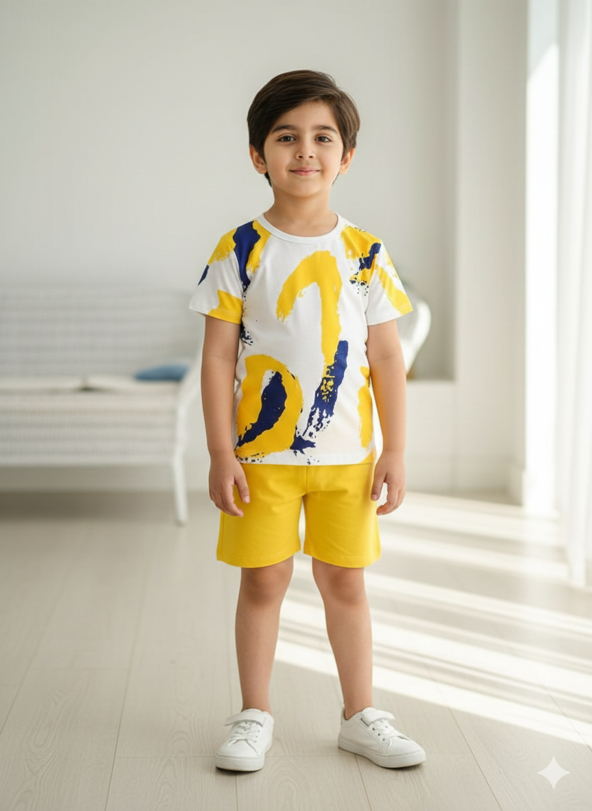 Kids Yellow Print T-Shirt & Shorts Set