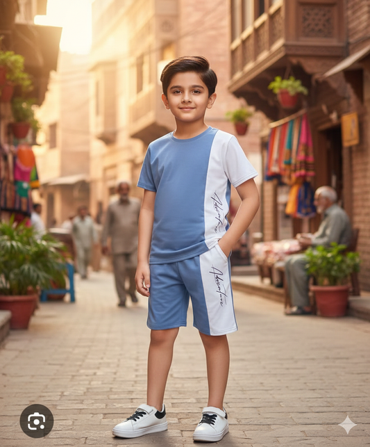 Kids Print T-Shirt & Shorts Set Blue White Penal