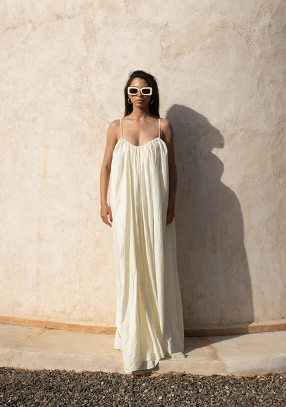 Gathered Maxi Dress With Spaghetti Straps White
