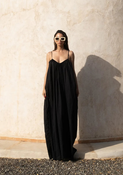 Gathered Maxi Dress With Spaghetti Straps Black