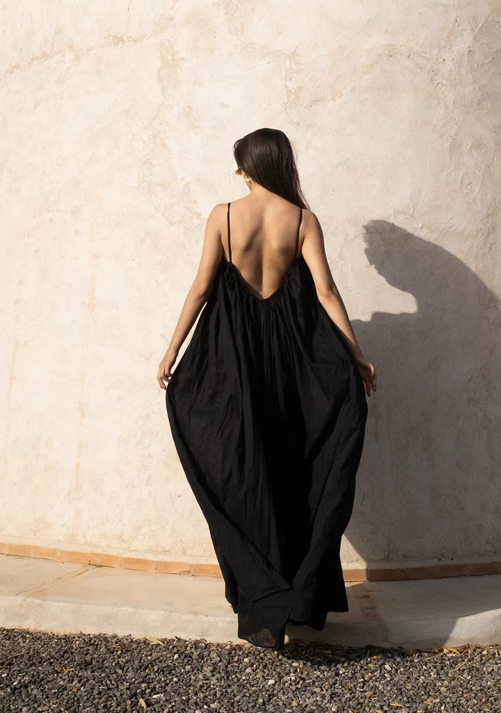 Gathered Maxi Dress With Spaghetti Straps Black