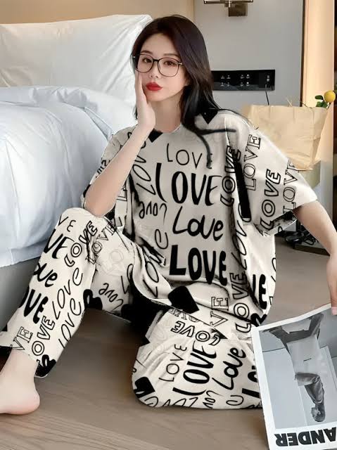 White Love Printed Night Suit