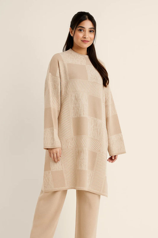 Beige Patchwork Knit Winter Track Suit