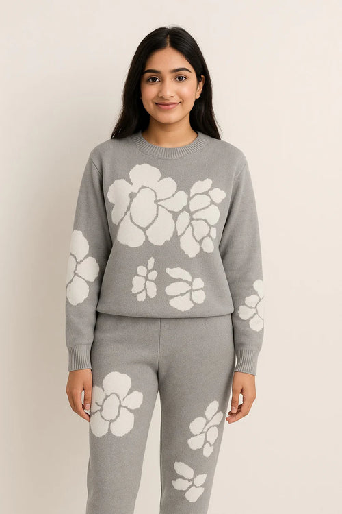 Grey Floral Knit Winter Track Suit ...