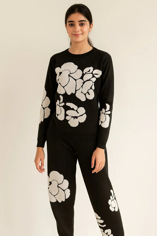 Black Floral Knit Winter Track Suit