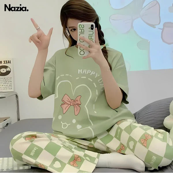 Cute Green Soft Printed Nightwear