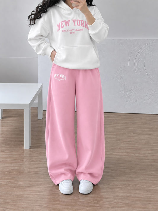 Newyork Hoodie & Wide-Leg Pants Co-Ord Set | Pink & White