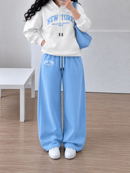 Newyork Hoodie & Wide-Leg Pants Co-Ord Set | Light Blue & White