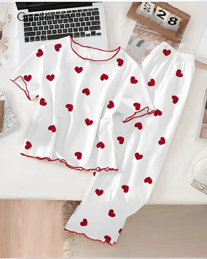 White Red Heart Print Women Nightwear Set