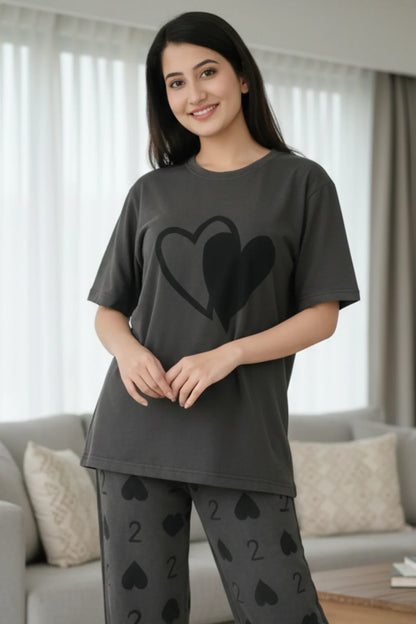 Grey Double Heart Full Sleeve Printed Night Suits