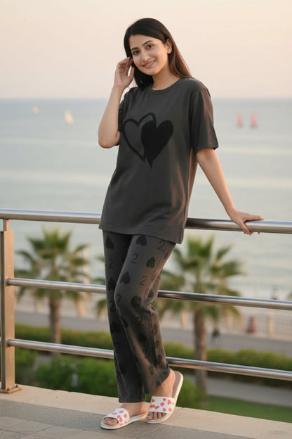 Grey Double Heart Full Sleeve Printed Night Suits