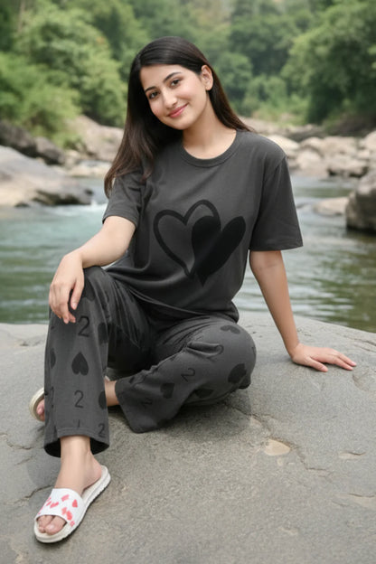 Grey Double Heart Full Sleeve Printed Night Suits