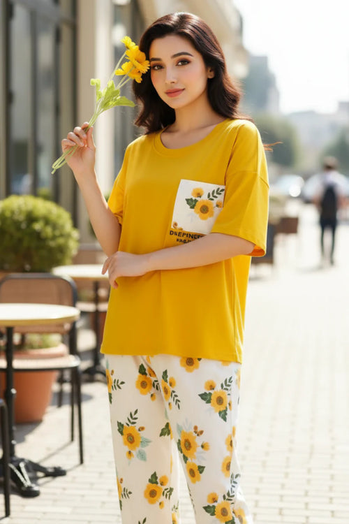 Yellow Poket Sun Flower PJs SET