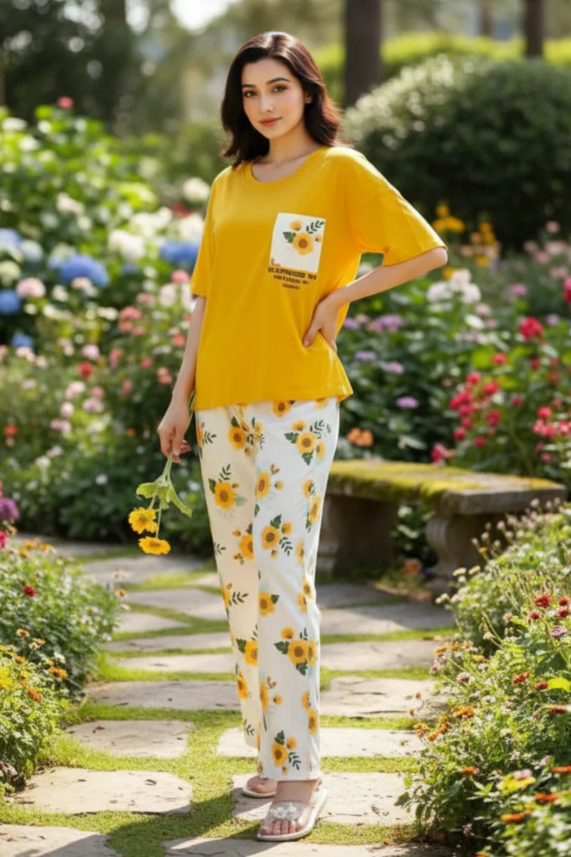 Yellow Poket Sun Flower PJs SET
