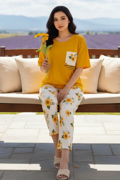 Yellow Poket Sun Flower PJs SET