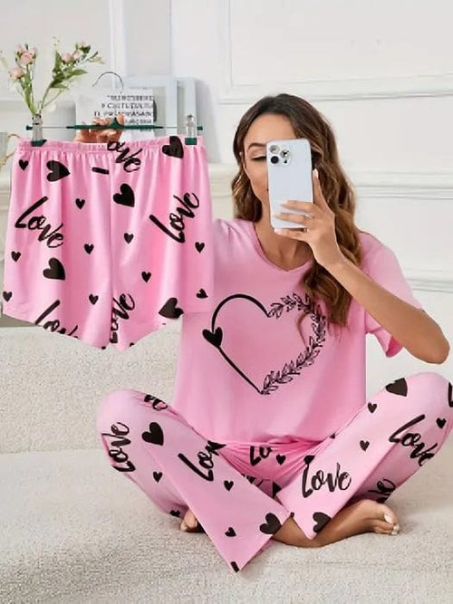 3 Piece Love Pink Heart Nightwear