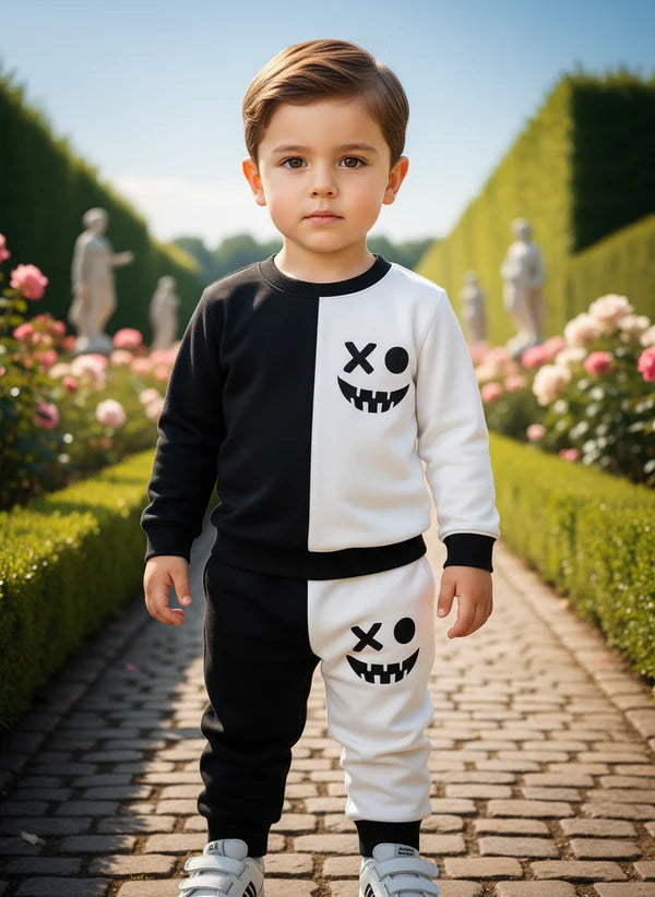 White & Black Smile Printed Kids Winter Suit
